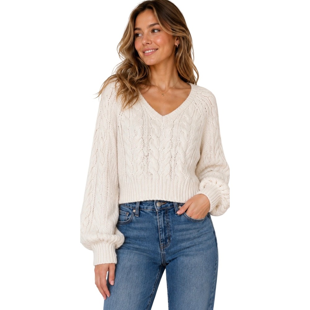 Abercrombie & Fitch Cream Cable Knit V-Neck Cropped Sweater XS Balloon Sleeve